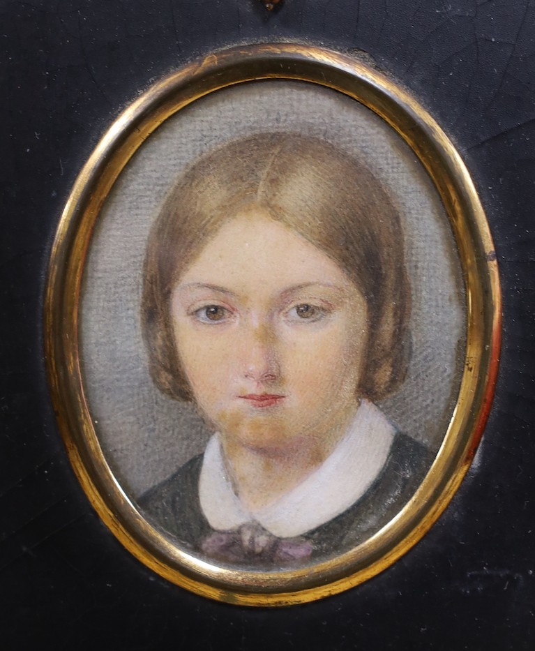 Mrs Scott of Perth (19th C.), watercolour on ivory, miniature of Mary Knottespad-Fostercue, c.1856, label verso, 7 x 5.5cm